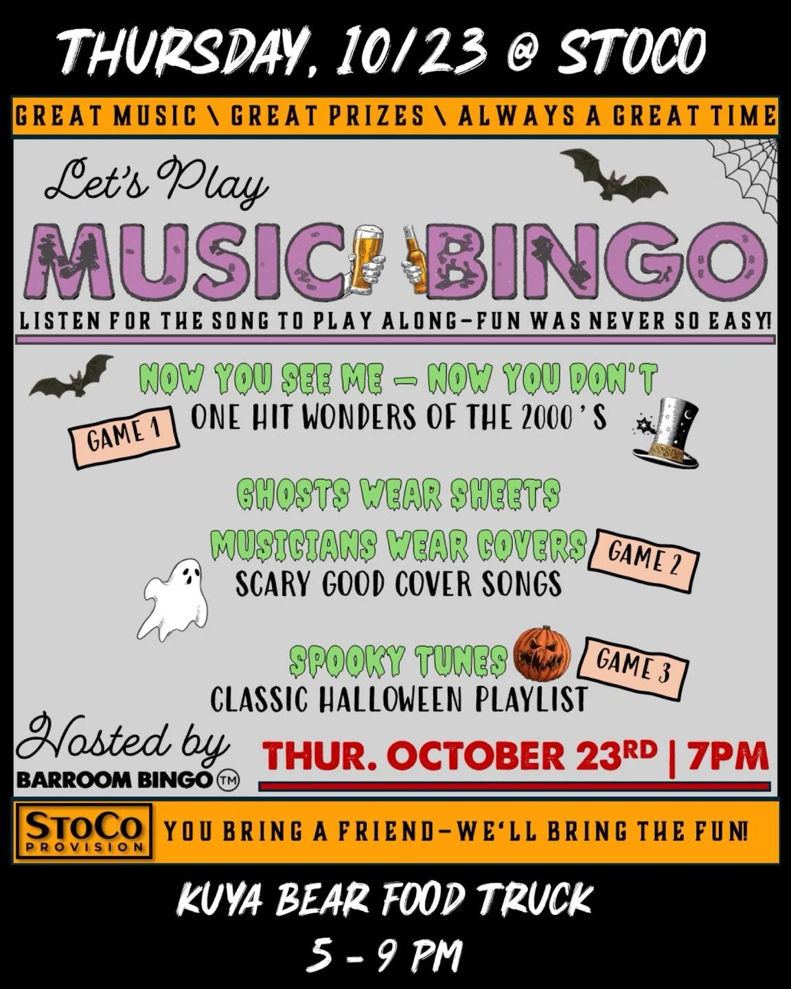 Who&rsquo;s ready for Thursday?!! Music Bingo and Ghouls Night out with Carolina Creek Boutique!

🎃👻Shopping event with Carolina Creek Boutique begins at 5 pm
🌯Dinner with Kuya Bear Food begins at 5 pm
🎃👻Music Bingo with Colton &amp; Amber begin