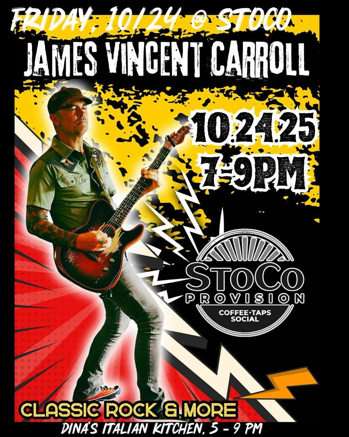 Fri-yay!! It&rsquo;s crispy outside! Warm up with a hot a coffee!☕️Our October Specials are ending soon!!🎃

Tonight- We have the amazing James Vincent Carroll jamming from 7-9 pm and dinner with Dina's Italian Kitchen .

Cheers to the weekend!🍻