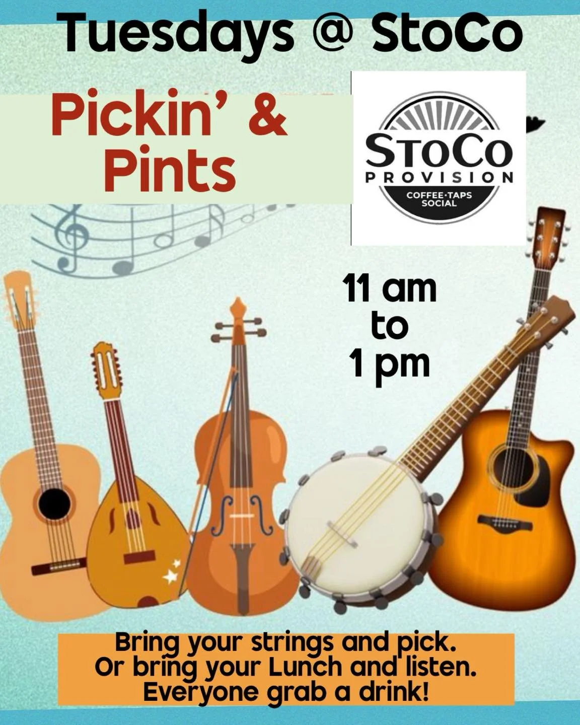 🪕It&rsquo;s Pickin&rsquo; Tuesday! And we&rsquo;re grinnin&rsquo;! It&rsquo;s a beautiful to get out and&hellip;grab a cup of coffee! Come jam with the group at 11 am.

🍼We are a drop-off site for a formula, diaper and wipe drive for those in need.