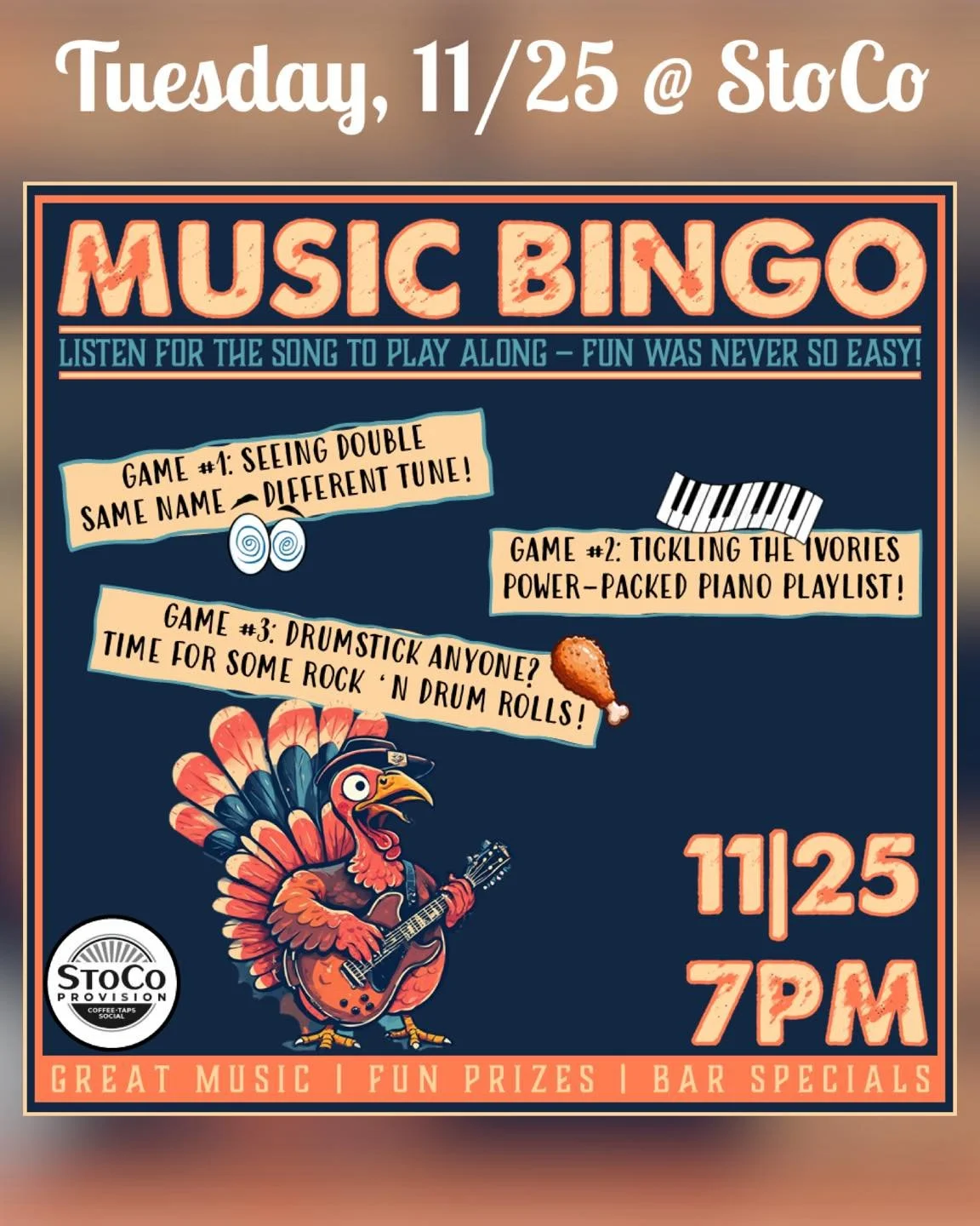 Tuesday night fun! Join us for Music Bingo tonight at 7 pm. Bring your favorite take out and test your knowledge.

See you soon!🦃🍁