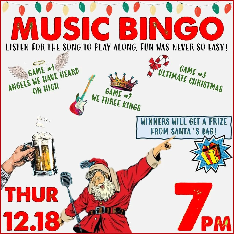 Thursday = Music Bongo Christmas Edition!🎅🏻🎄 Join us tonight for all the fun starting at 7 pm. Bring your favorite take-out and join the party!!

See ya there!🎉