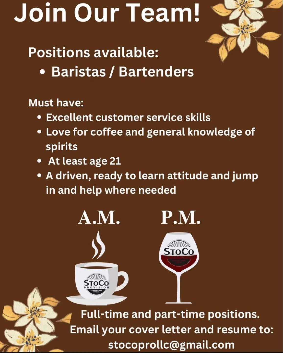 We are growing our team! Come join the fun at StoCo Provision! 

Email your resumes and cover letter to stocoprollc@gmail.com