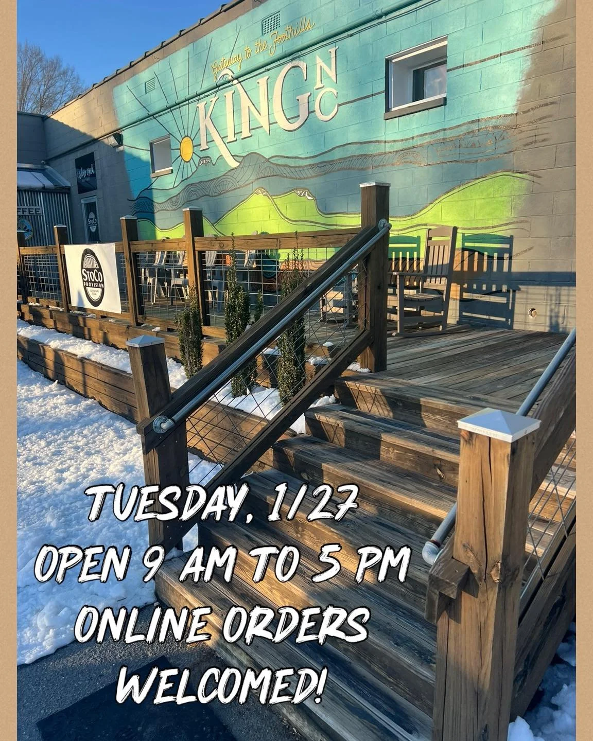 Tuesday! We are open!! We will be open 9 am to 5 pm. To help save you time, order online and we will have it ready! Or, come on in and warm up and stay a while!

Our parking lot is still a bit of a mess so please be careful! Deck and tap room entranc