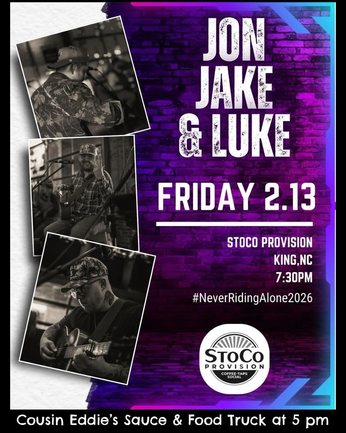 Friday!! The weather is ☀️, drinks are ❄️ (or hot☕️) and the this band is 🔥!!

Cousin Eddie's Sauce &amp; Food Truck will be serving delicious dinner at 5 pm. 

jonny_mont, jacobvaughanmusic and lukecopemusic take the stage at 7:30 pm. 

Going to be
