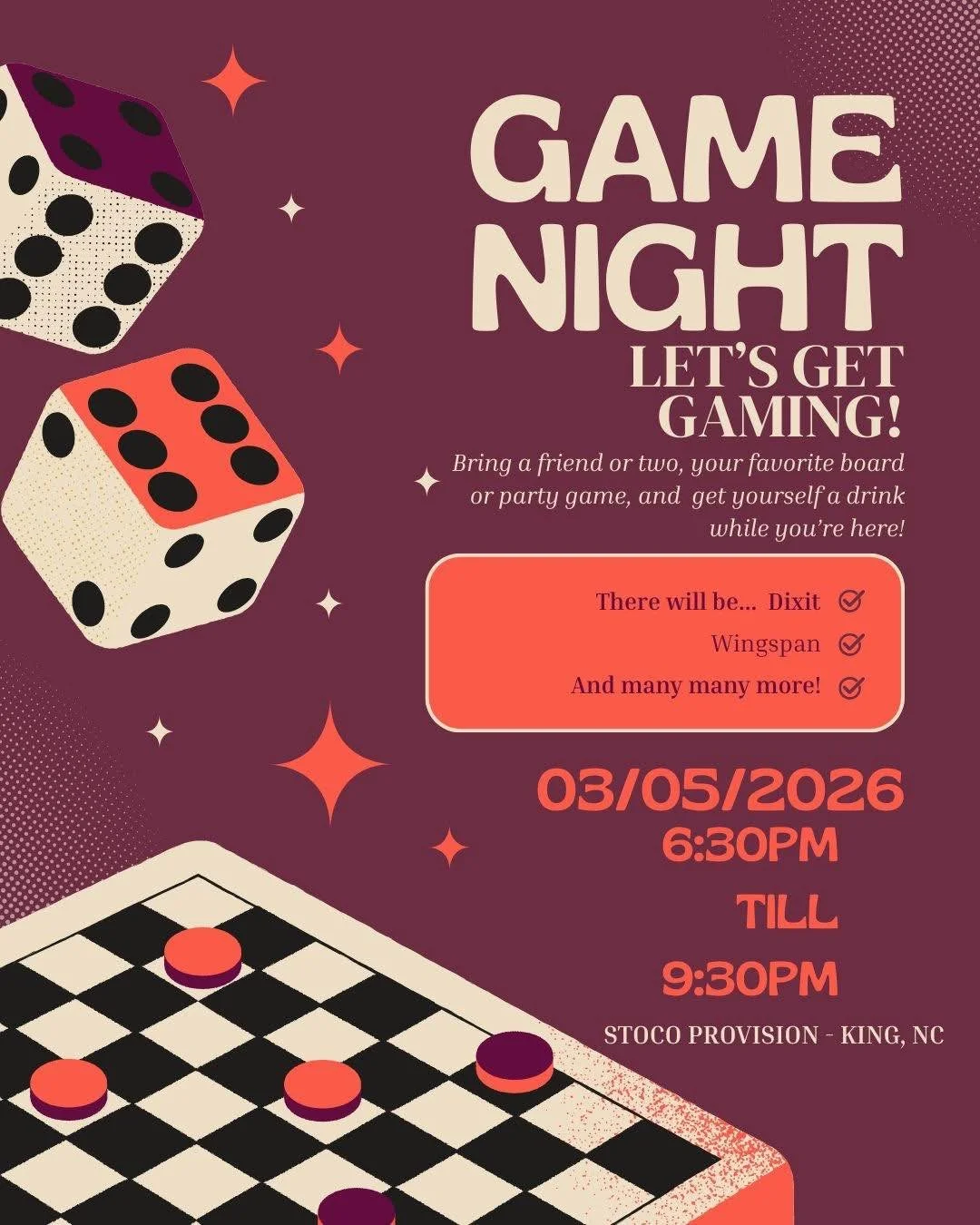 Thursday!! Game time!! Bring your favorite board games or just show up and join one! Games begin at 6:30 pm! 

See you soon!