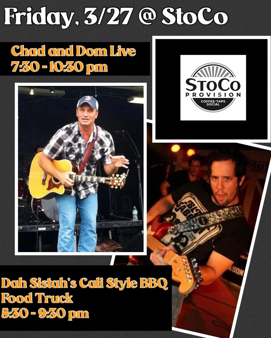 Friday!! And a beautiful day!☀️ Join us tonight for dinner and a show!! 

Chad and Dom Live will be jamming at 7:30; dahsistahscalistylebbq18 for dinner at 5:30. Coffee and cold drinks flowing all day!!

Let&rsquo;s get this weekend party started!🍻?