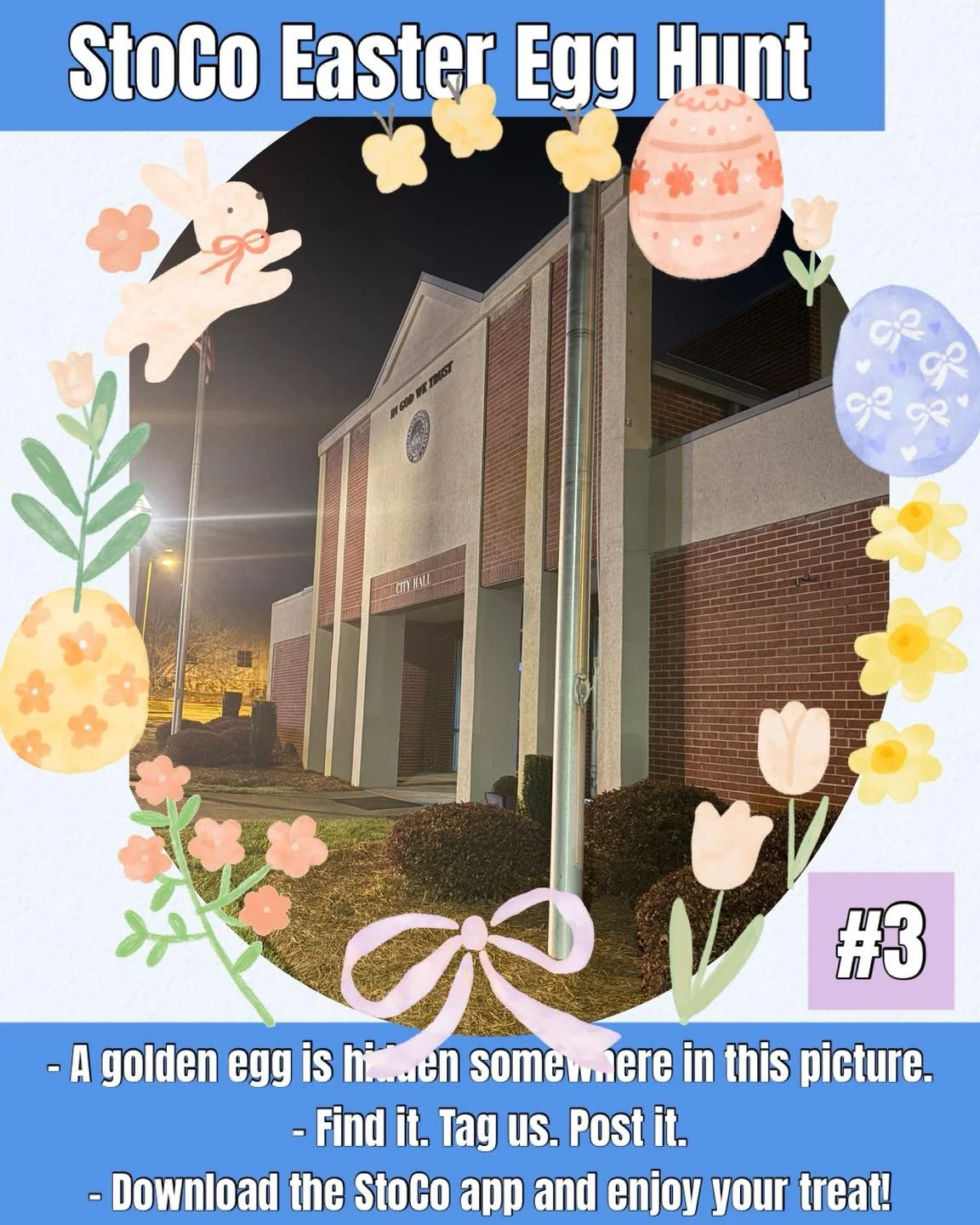 Egg #3
🐰🐣StoCo Easter Egg Hunt! 🐣🐰
5 Golden Eggs are hidden around town! 
Find it. Tag us. Post it. 
Then download our new StoCo App and enjoy your treat! 

Make plans to join us Friday night to join us for Fisher Freeman Music and Cousin Eddie's