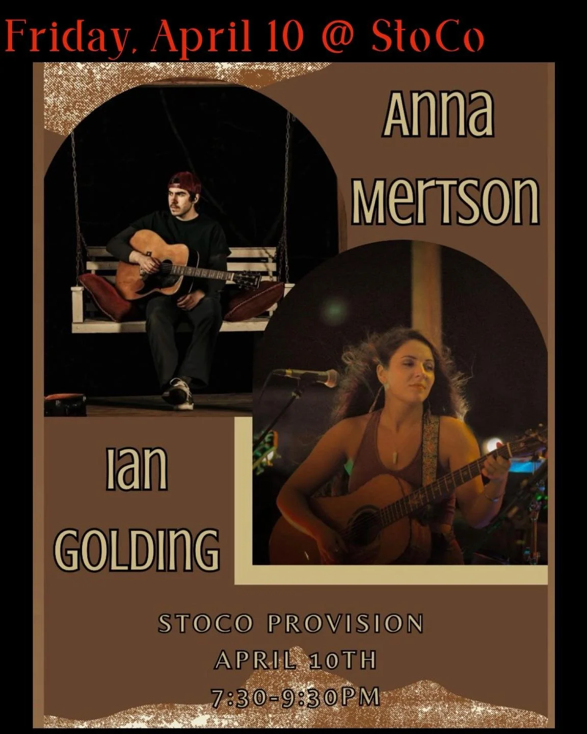 Friday!! Sunshine and wine!!

Join us for coffee today and a glass of your favorite bevvie tonight while listening Anna Mertson Music and Ian Golding.

Come chill with us!!🎉