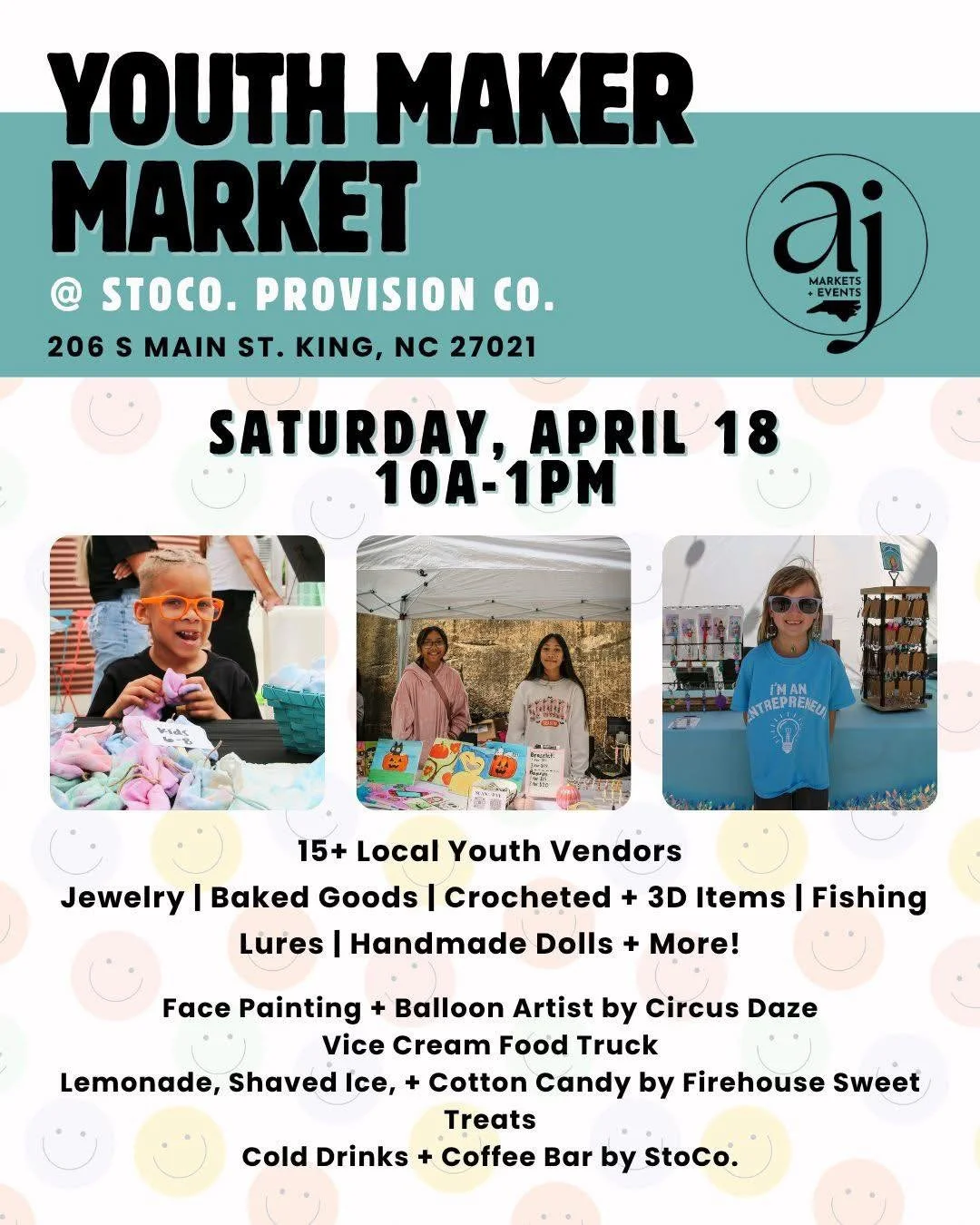 Join us Saturday, 4/18 for all the fun! 
Day:
🌷10 am - 1 pm: Youth Maker Market!  Young entrepreneurs will be set up ready to promote their goods! Come enjoy this family-fun event along with a sweet treat from Vice Cream and a drink with us!

Evenin