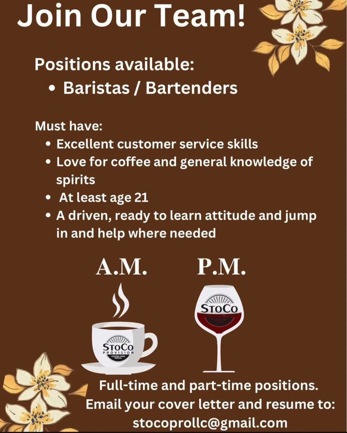 Come join the fun at StoCo!  We are hiring full-time and part-time baristas / bartenders. Please email your cover letter and resume to stocoprollc@gmail.com. 

Cheers to your new adventure!🎉
