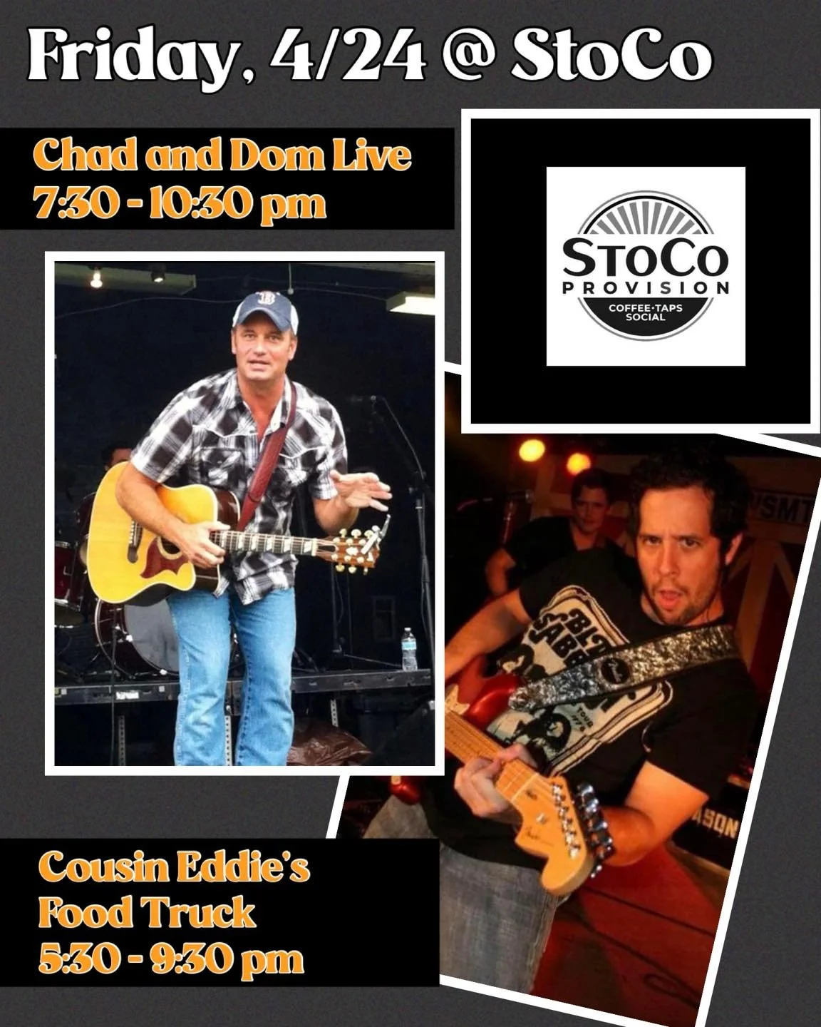 High fives for making it to Friday!!🙌🙌

Join us tonight Chad and Dom Live, jamming at 7:30 pm and dinner with Cousin Eddie's Sauce &amp; Food Truck!

And join us on Saturday for Meet Me on Main! We will be showcasing our talented StoCo Pickers and 