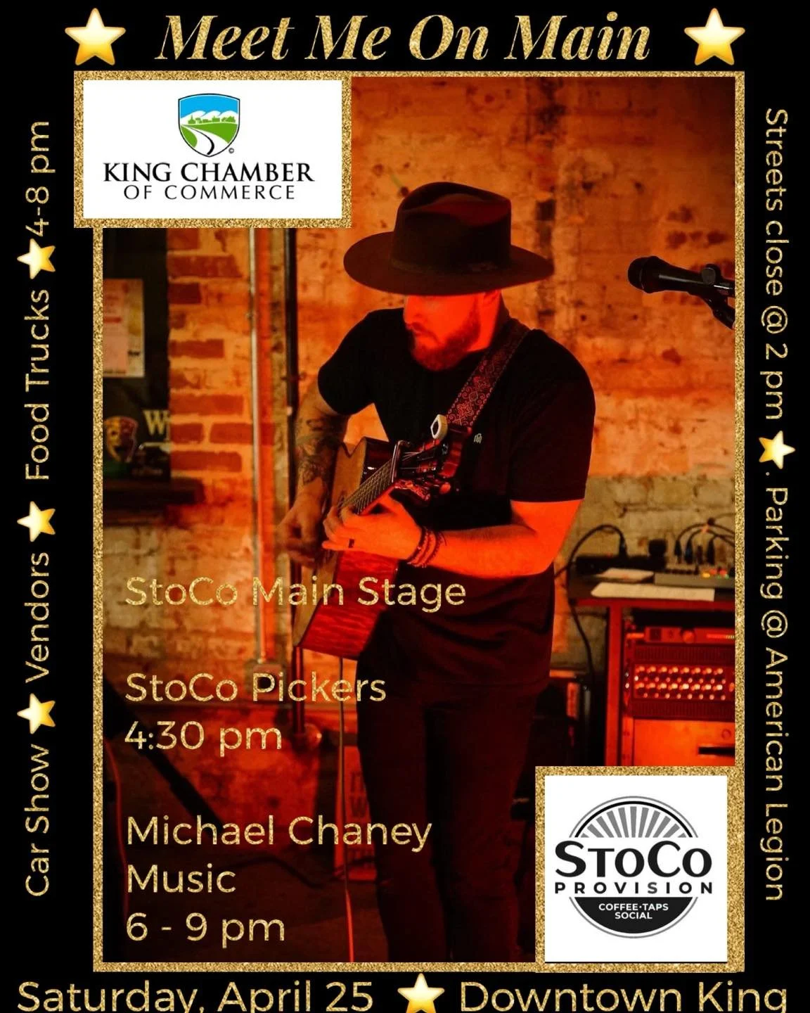 ⭐️It&rsquo;s Meet Me on Main Day!!!⭐️
Stop by and say hi, grab a cold drink (or 2), and listen to some amazing musicians! Grab a bite from your favorite food truck and come on out!

Roads close at 2 pm. Event is from 4 - 8 pm. Music at StoCo from 4:3