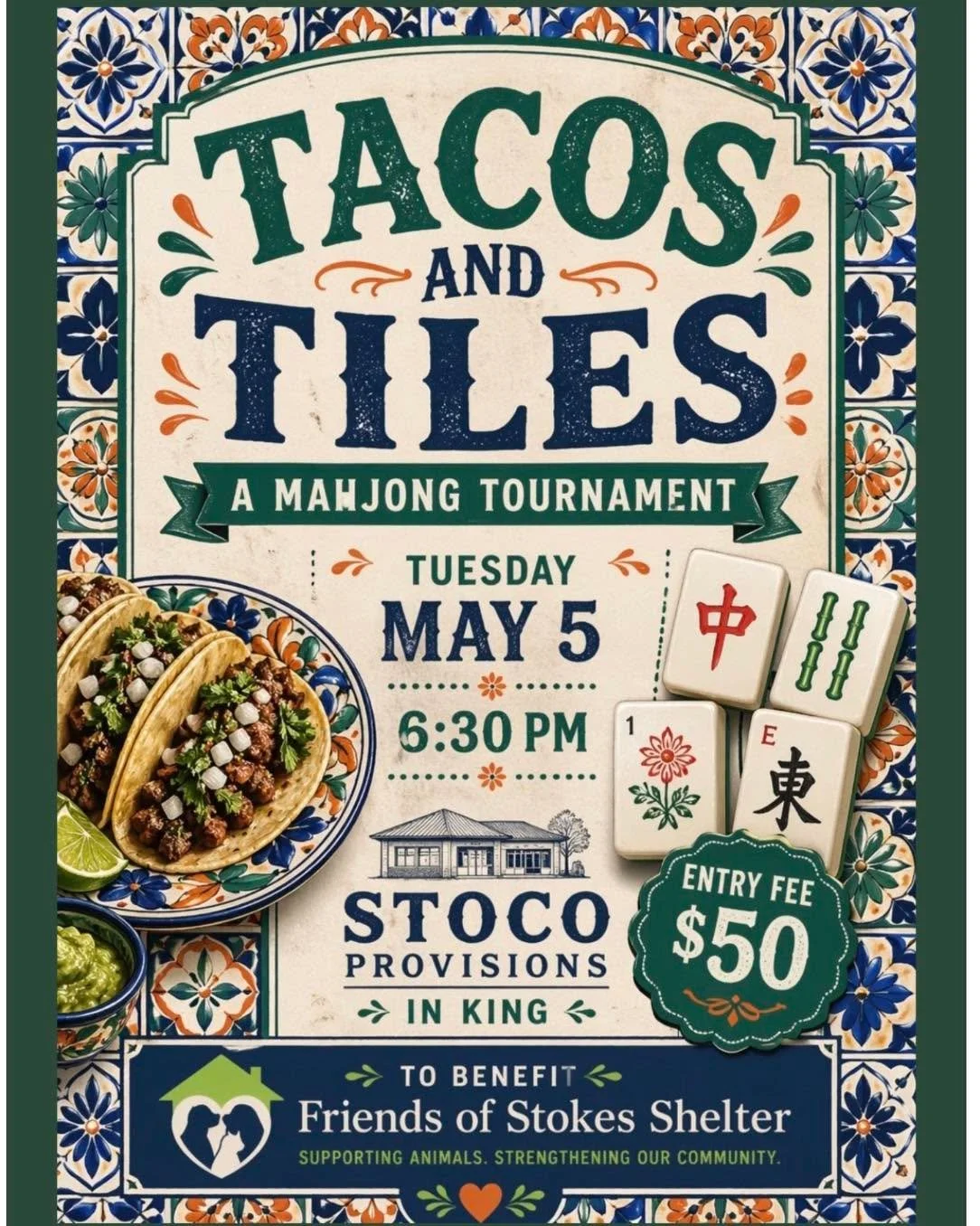 New week, new events! Join us for Cinco De Mayo fun on Tuesday! 

Register for the Tacos and Tiles Mahjong Event hosted by Friends of the Stokes Shelter Inc.  Link in comments. 

Or, just come drink margaritas! 

Cheers to a gorgeous week!!🍹