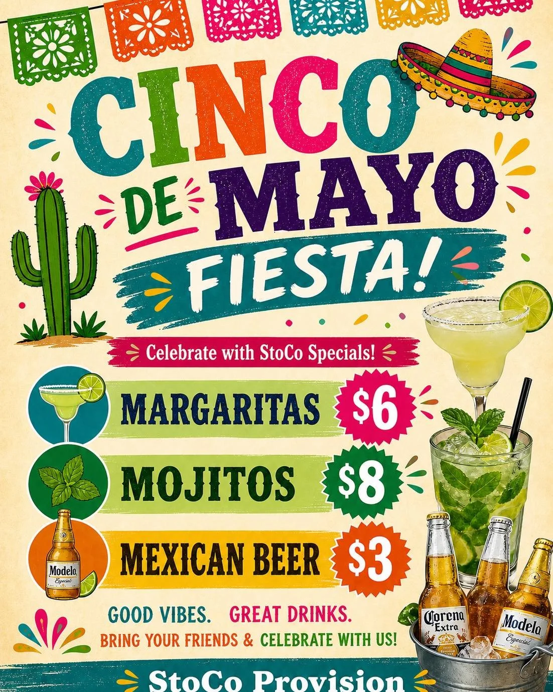 Tuesday! Happy Cinco de Mayo!!🌵🍹🌶️ Join us for delicious drink specials and fun!

Mahjong in the coffee bar at 6:30 pm! Sign up to play and benefit Friends of the Stokes Shelter Inc.!

See ya soon!!🍻