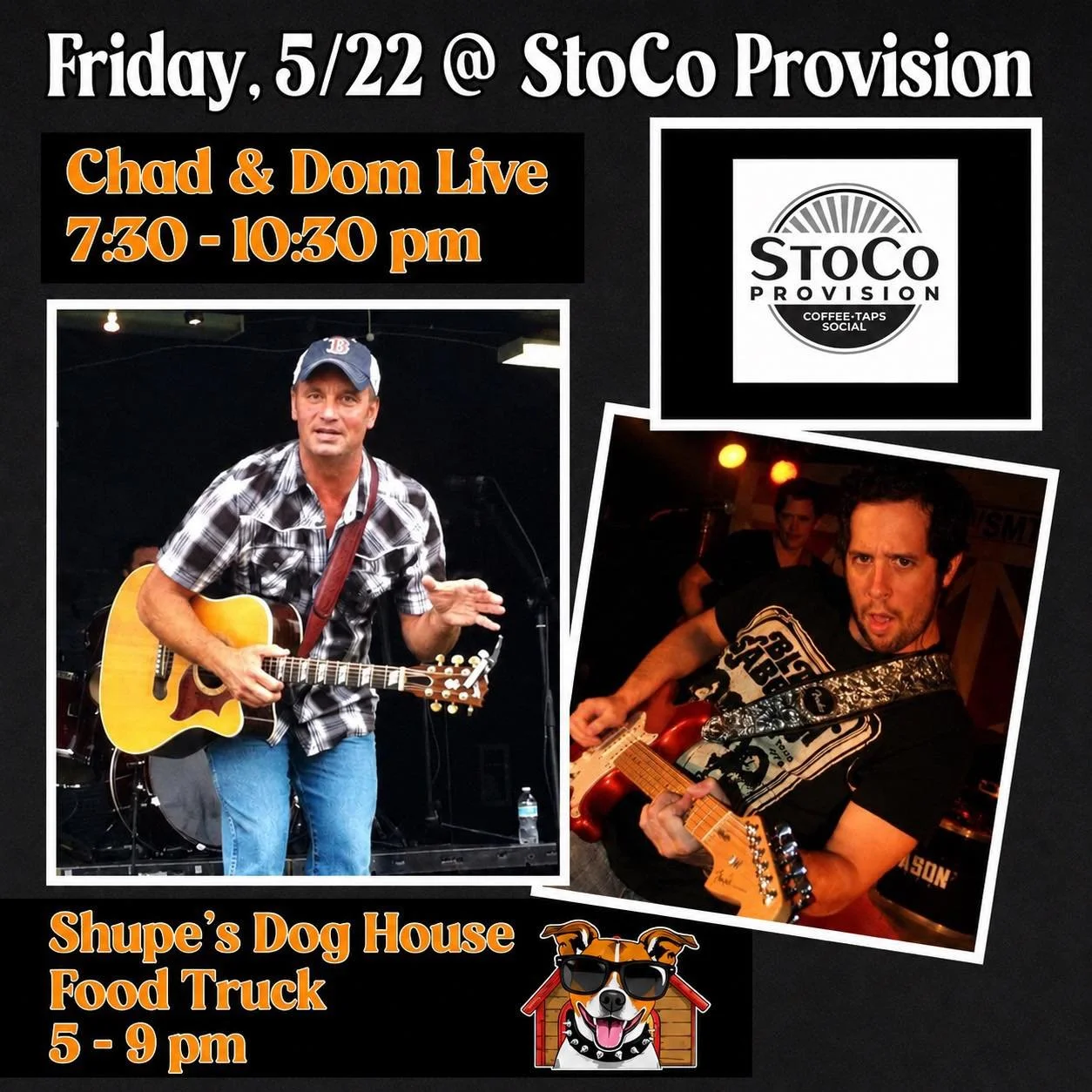 🇺🇸🎉Come kick off the holiday weekend with us tonight!! Chad and Dom Live will jamming at 7:30 pm and &ldquo;new to us food truck&rdquo; Shupe&rsquo;s dog house and catering will be serving dinner while you grab a seat.! 

The weather may be drab t