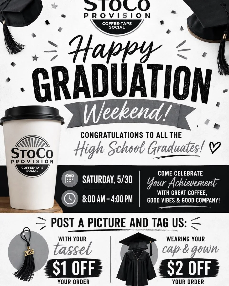 Happy Graduation Weekend to all of our high school grads! Let&rsquo;s celebrate your accomplishments !!🎓🎉 

☕️For Saturday, 5/30, wear your cap and gown in and get a discount in the Coffee Bar! We can&rsquo;t wait it to see you!

🎸Bring the whole 