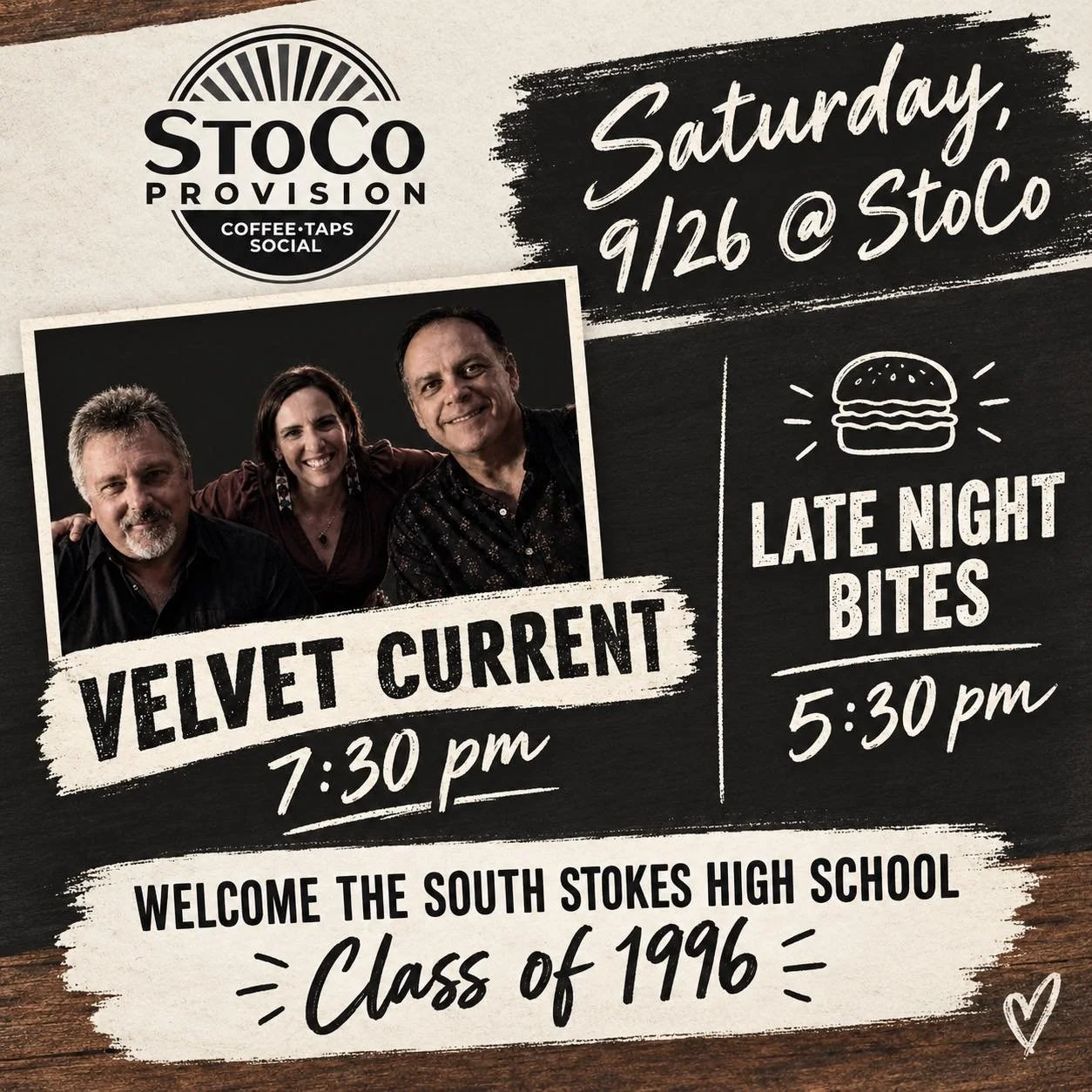 Saturday!!🏈🎉College football and coffee or beer?!!! Sounds like a great day!

Join us tonight for new band, Velvet Current and dinner with Late Night Bites food truck. And, we welcome the South Stokes High School Class of 1996 Reunion!

Going to be