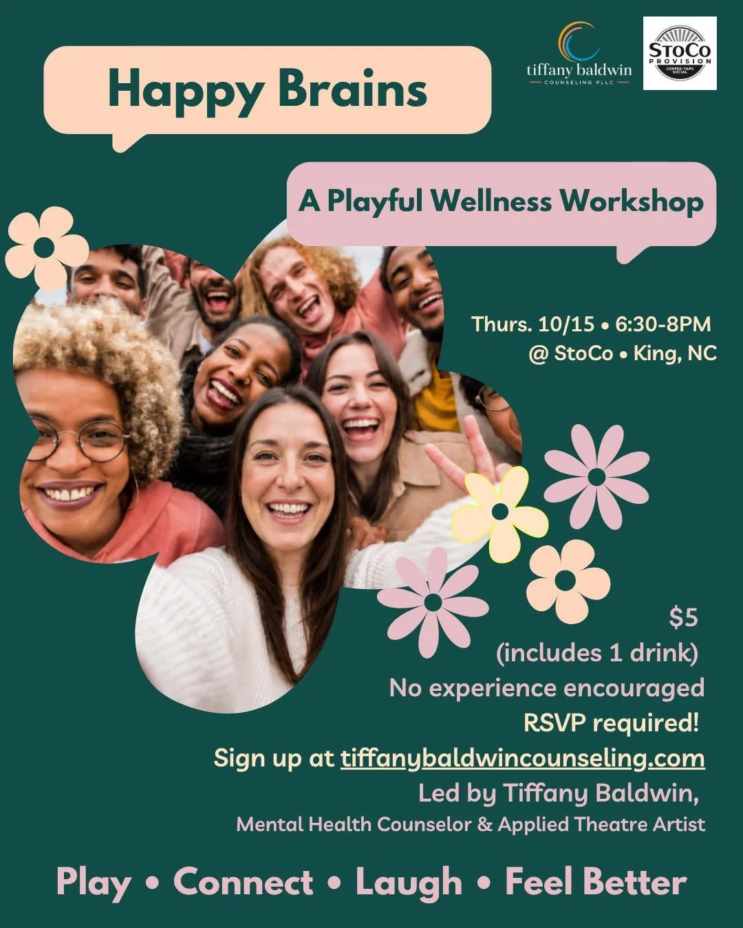 Special event this Thursday, 10/15! Happy Brains with Tiffany Baldwin. 

Wellness for everyone, including (and especially!) the anxious, socially anxious, shy, awkward, and overthinking among us.

​What happens when we give ourselves permission to pl