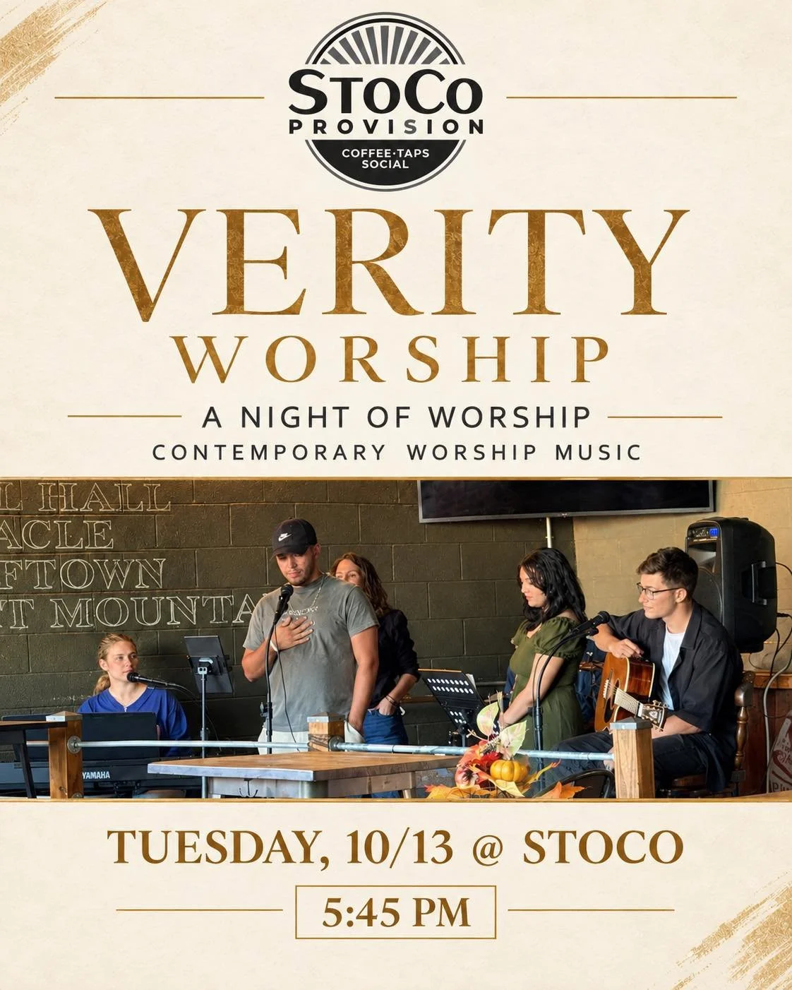 Tuesday night! A little weeknight worship! Join us tonight for Verity Worship  as they sing, praise and drink some coffee! 5:45 pm - 7 pm.  Don&rsquo;t miss it!🎸☕️🎉