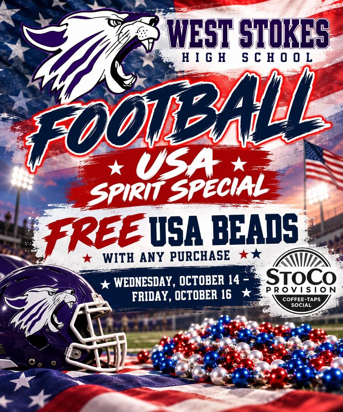 🏈💜🇺🇸Wildcat fans!! The theme for this week&rsquo;s West Stokes Wildcats football game is &ldquo;USA&rdquo;! Stop by StoCo and purchase a coffee, Wednesday - Friday this week and get a set of USA spirit beads!!

Let&rsquo;s go, Wildcats!!☕️