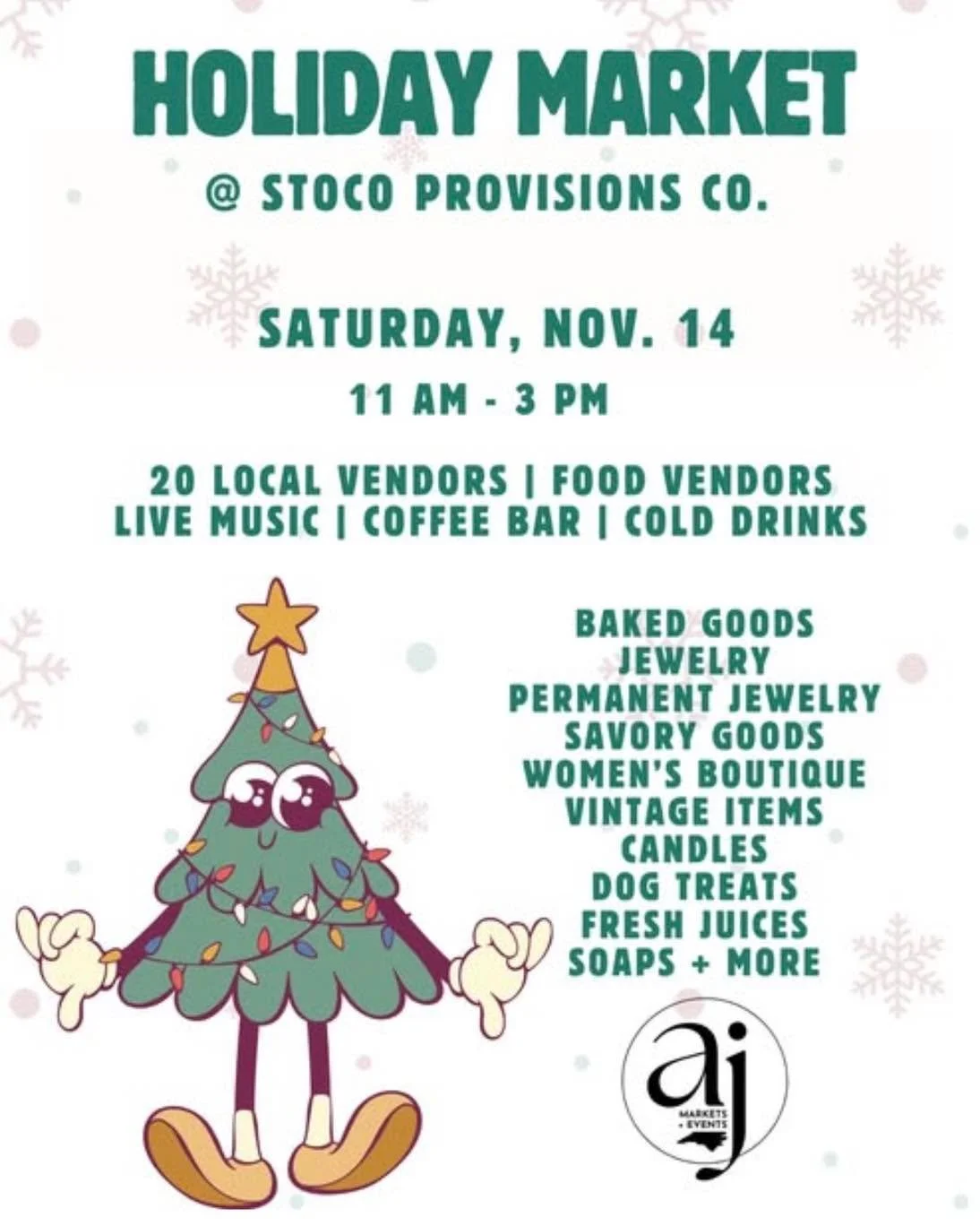 We are getting excited about our Holiday Market on Saturday, November 14. We have a few vendor spots available- specifically looking for boutiques, clothing items, t-shirts, jewelry and more. Reach out to AJ Markets &amp; Events to register!!

Shoppe