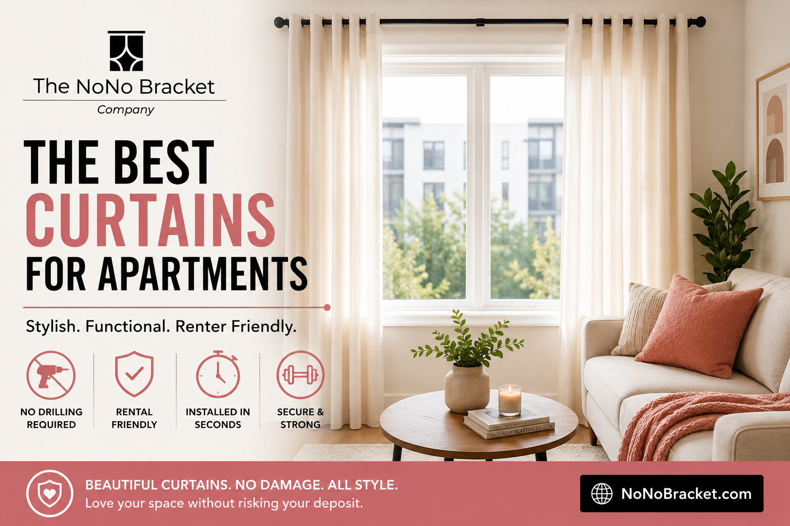 Modern apartment living room featuring stylish curtains installed with NoNo Brackets, a renter-friendly no-drill curtain solution for apartments and rentals.