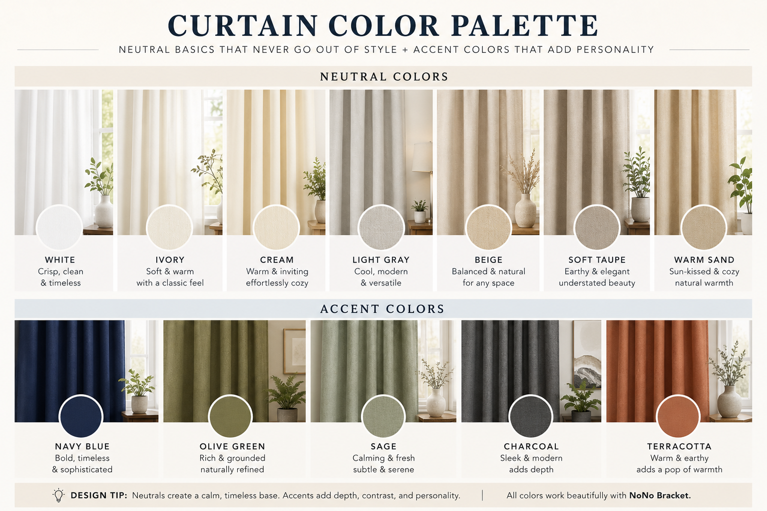 Apartment curtain color palette showing neutral shades (white, ivory, cream, light gray, beige, soft taupe) and accent colors (navy blue, olive green, sage, charcoal, terracotta)