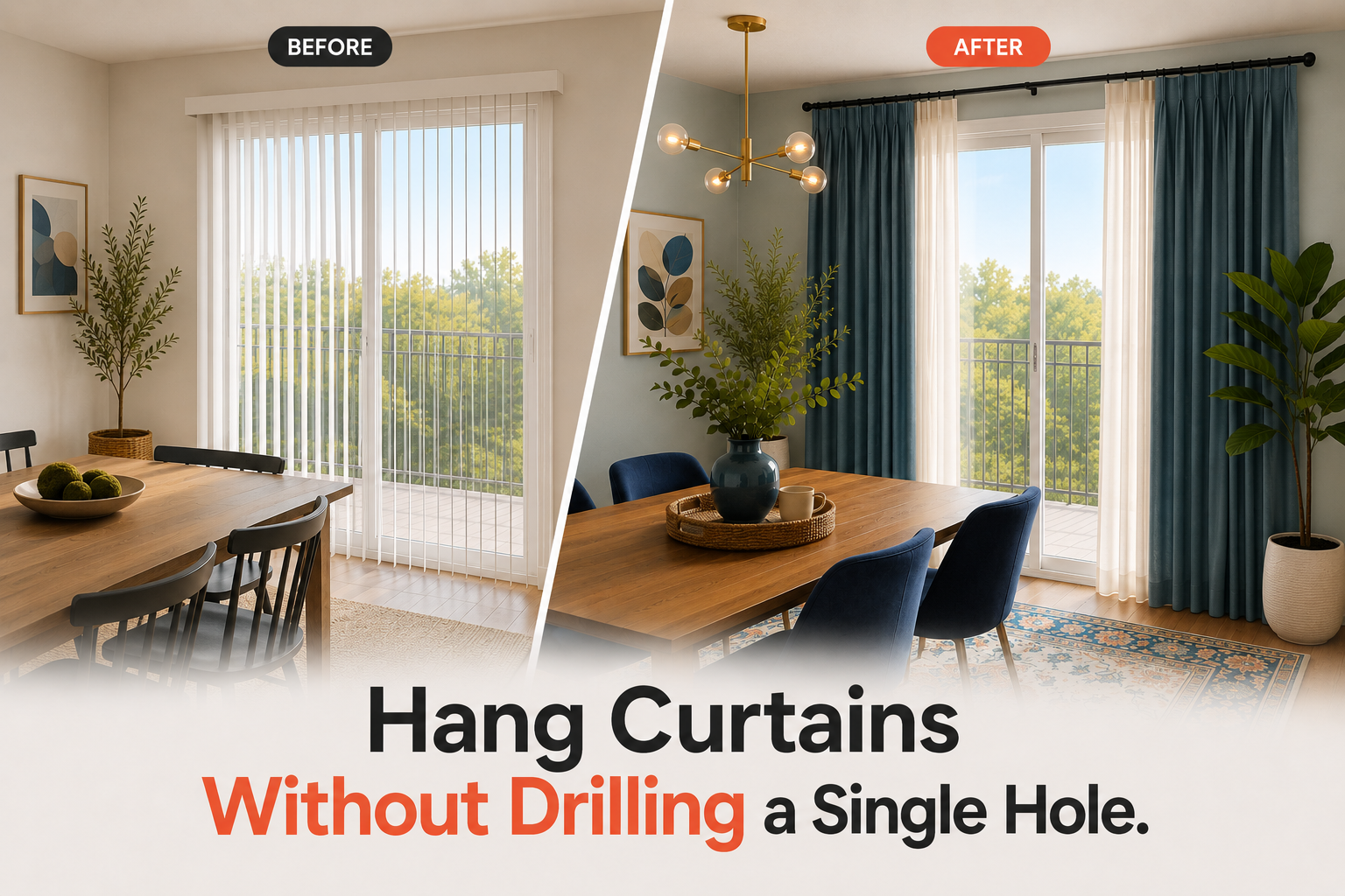 Before and after installation of NoNo Bracket no-drill curtain brackets over vertical blinds on a sliding glass door in a modern dining room.