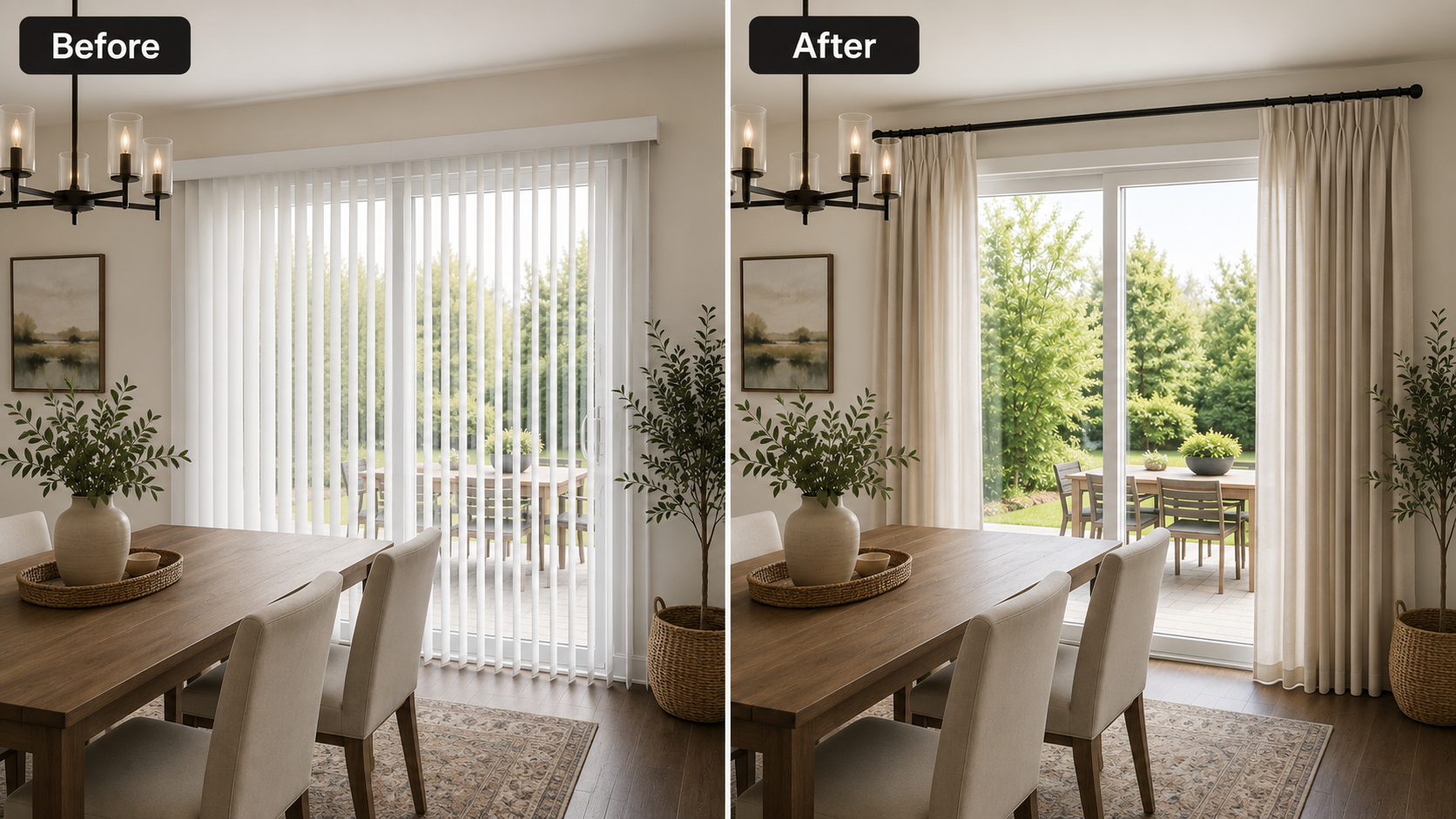 Curtains hanging over vertical blinds on an apartment sliding glass door without drilling
