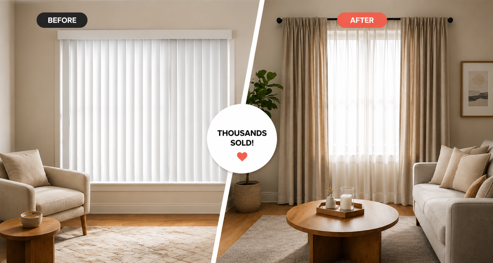 Before and after showing white vertical blinds transformed with beige curtains using NoNo Brackets without drilling into walls.