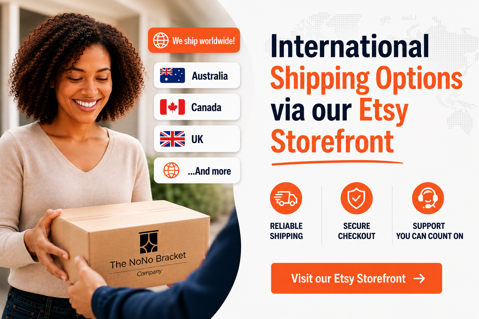 International shipping banner for The NoNo Bracket Company showing worldwide Etsy storefront availability for no-drill curtain brackets with shipping to Australia, Canada, the UK, and more.