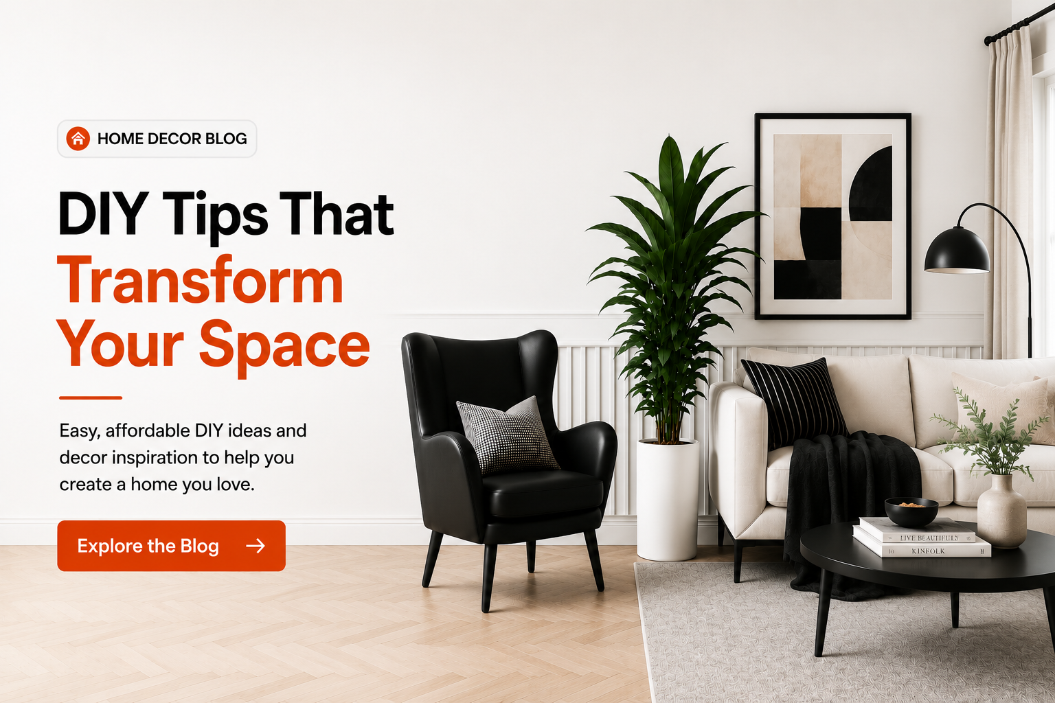 DIY home decor blog banner featuring modern living room inspiration, renter-friendly decorating ideas, and affordable home improvement tips from The NoNo Bracket Company.