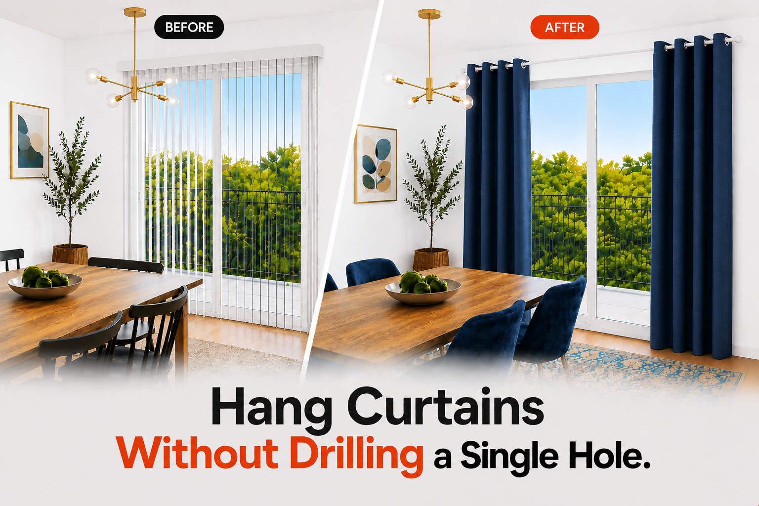 Before and after installation of NoNo Bracket no-drill curtain brackets over vertical blinds on a sliding glass door in a modern dining room.
