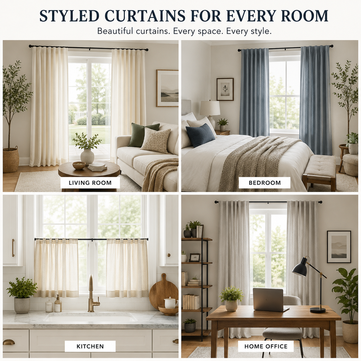 Styled apartment curtains shown by room including living room, bedroom, kitchen, and home office window treatments