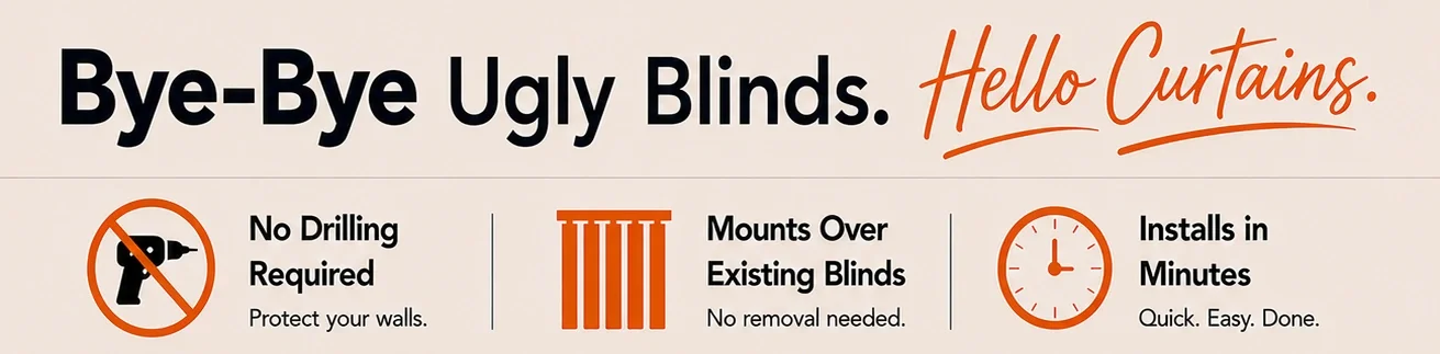 Before and after comparison showing NoNo Bracket no-drill curtain rod brackets installed over existing vertical blinds, transforming ugly blinds into stylish blackout curtains without drilling holes or damaging walls.