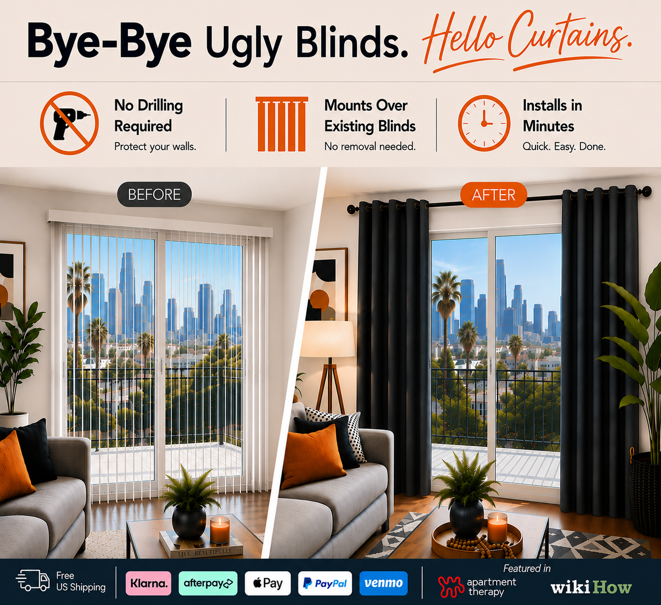 Before and after comparison showing NoNo Bracket no-drill curtain rod brackets installed over existing vertical blinds, transforming ugly blinds into stylish blackout curtains without drilling holes or damaging walls.