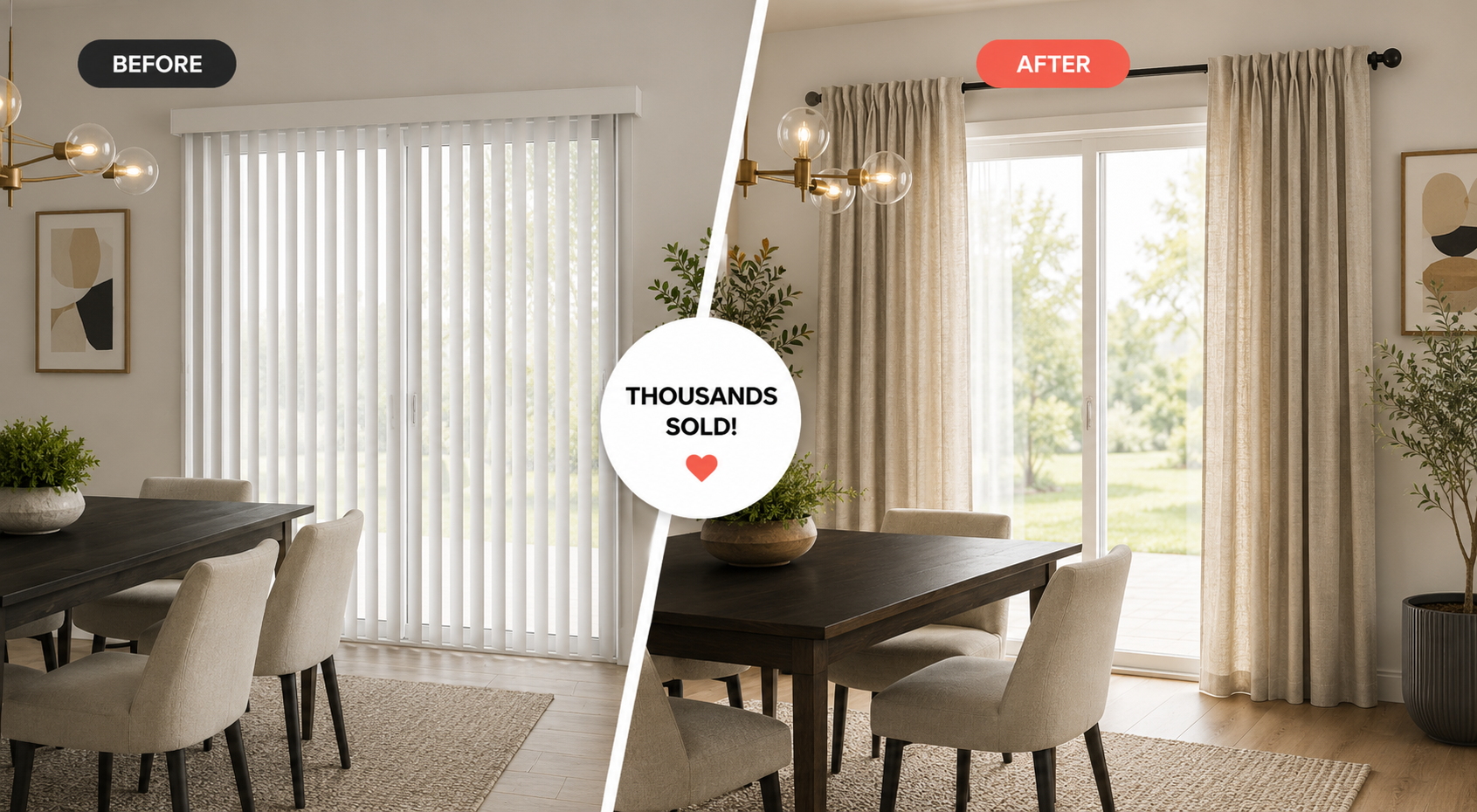 Before and after installation of NoNo Bracket no-drill curtain brackets over vertical blinds on a sliding glass door in a modern dining room.