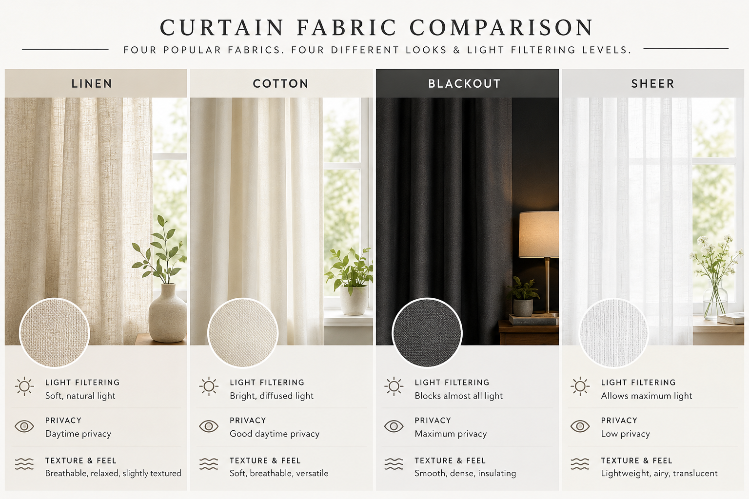 Curtain fabric comparison chart for apartments showing linen, cotton, and blackout drapes with light-filtering and privacy differences
