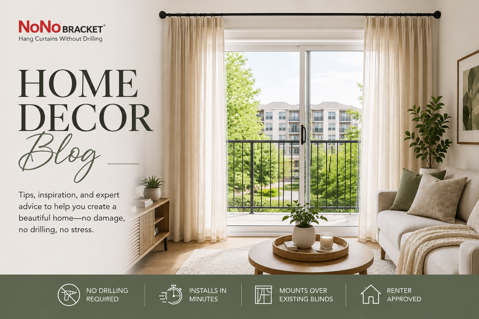Home Decor Blog banner with apartment living room curtains offering renter-friendly decorating tips and no-drill, no-damage inspiration