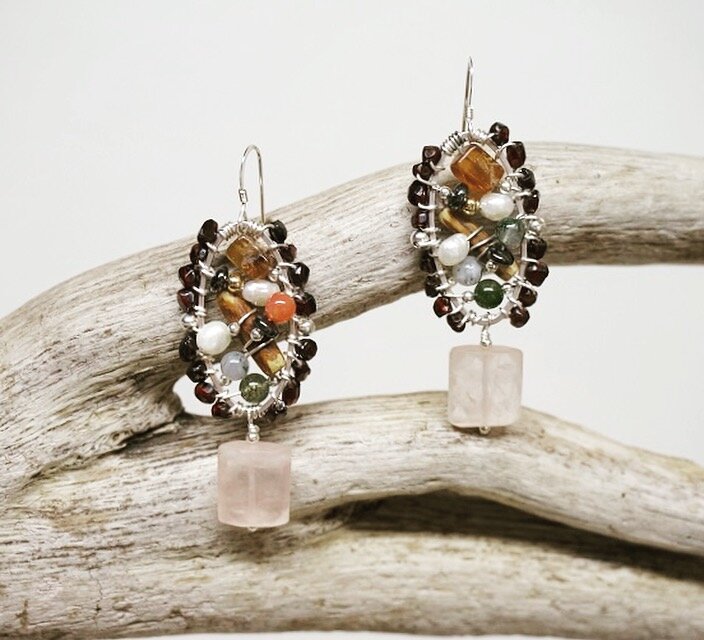 A close up of the gorgeous new earrings.  Rose quartz, garnet, freshwater pearls, amber, pewter, sterling silver.  