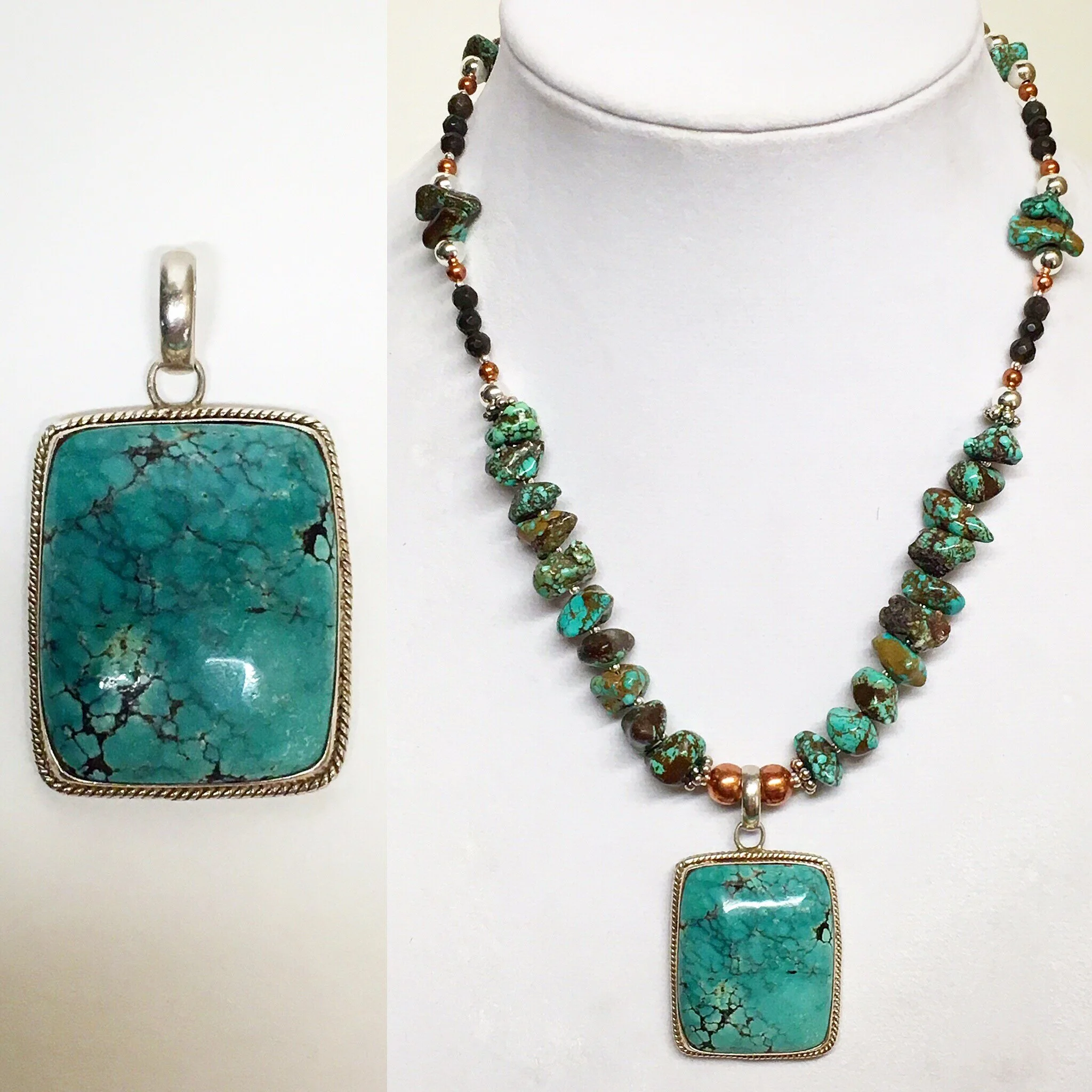 My client had a beautiful turquoise pendant that she never wore and asked if I would be able to transform a single pendant into a statement necklace.  
I used her pendant and incorporated Kingman turquoise, copper, smoky quartz, and sterling silver.