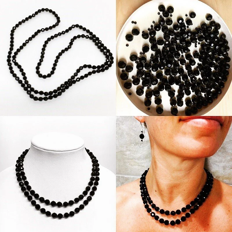 My client had an opera length, black beaded necklace that was her mothers.  
She asked if I would be able to make matching sets- 1 for her, and 1 for her sister.  
The end result was a double strand necklace with matching earrings.
Now they can both 