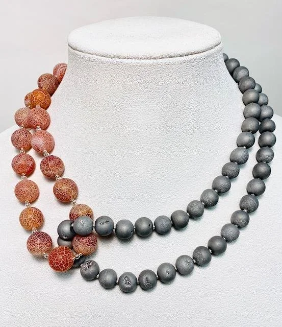 Crab Fire Agate and Grey Druzy Necklace 