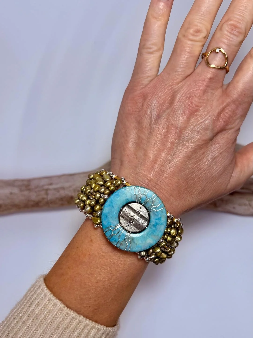 Tourmaline Jasper and Green Pearl Statement Cuff Bracelet