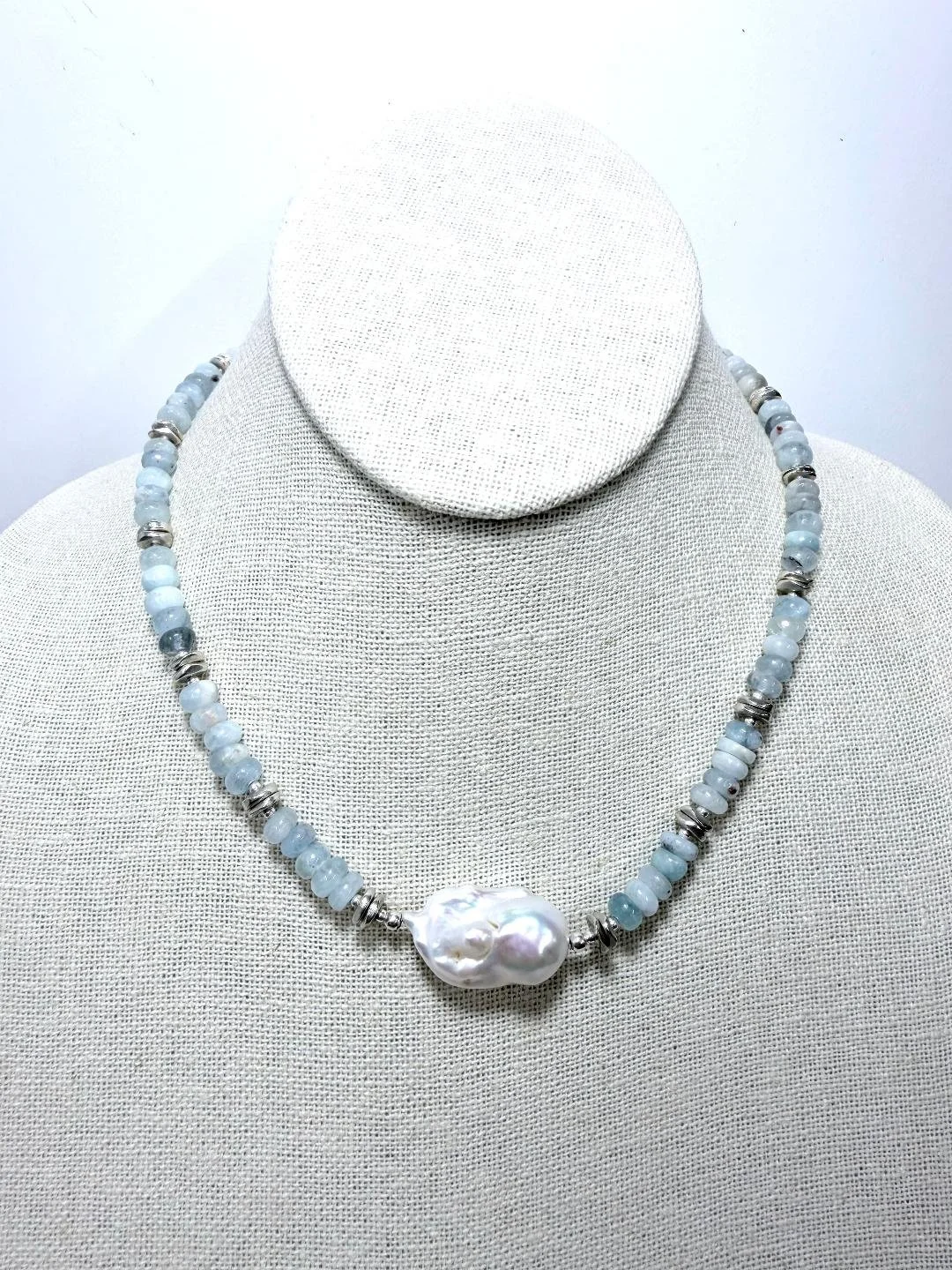 Aquamarine and Freshwater Baroque Pearl Every Day Necklace