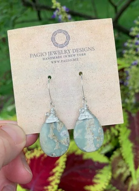 Custom peace stone jasper teardrop earrings.  Sterling silver wire and earring findings. 