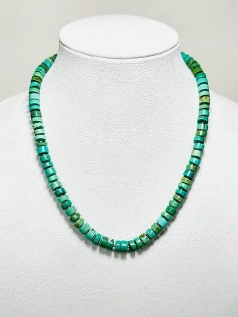 After:  2 of 2:  restrung turquoise necklace and added sterling silver spacer beads.  