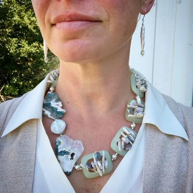 Custom 40th Wedding Anniversary Set.  My client loves Asian culture, influence, and art.  Because of this, I created a one of a kind set based on her cultural preferences.  Jade, ocean jasper slabs, pewter, various natural freshwater pearls, and ster
