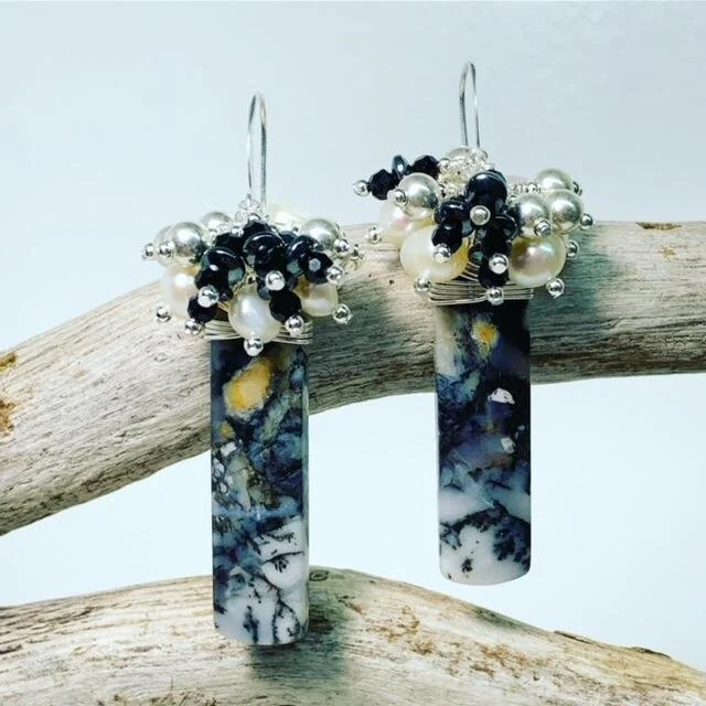 Custom dendritic opal bauble earrings- sterling silver, freshwater pearls, Swarovski crystals. 