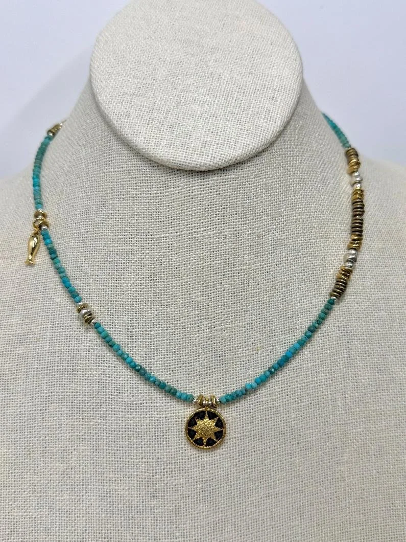 Turquoise and Sunburst Charm Everyday Necklace